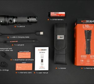 Acebeam L16 2.0 Tactical Flashlight with Dual Switches, Long Beam Distance, High-Impact Resistance and USB-C Rechargeable Battery