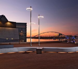 Contemporary Floating Ring LED Pole Light for Streetscapes, Campuses, and Pedestrian Areas