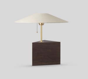 Table Lamp with Flat Linen Shade and Triangular Wooden Base
