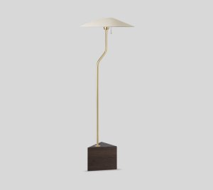 Scandinavian Floor Lamp with Flat Linen Shade and Wooden Triangular Prism Base