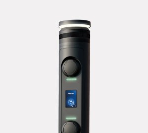Electric Vehicle Charging Bollard with Dual 22 kW Fast Chargers and Low Glare LED Area Lighting
