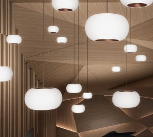 Suspended LED Light Sculptures with Concave Copper or Brass Reflectors and Soft Diffused Glow