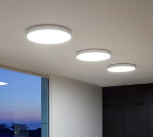 Large-Area Flush-Mount LED Ceiling Light for Uniform Ambient Lighting in Large Commercial and Residential Interior Spaces