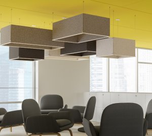 Z-Bar Pendant Light Acoustic Panel System with Fire-Rated, Colorful Finishes