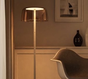 Artistic Floor Lamp with Sculptural Transparent Light Shade for Workspaces, Homes, or Hospitality Spaces