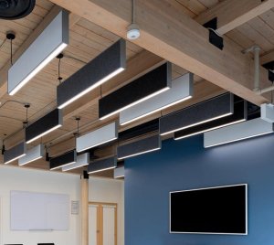 Integrated Acoustic Pendant Light with Vertical Sound-Absorbing Panels