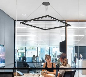 Architectural Suspended LED Pendant with Anidolic Optics and Minimalist Frame Design