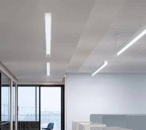 Low Glare Linear Suspension Light for Open Ceilings and Low Plenum Clearance Areas