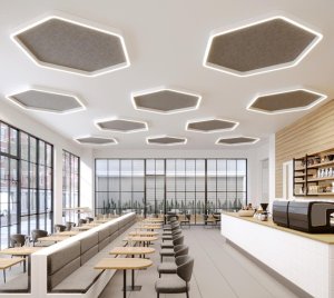 Hexagonal Acoustic Ceiling Light with Integrated Sound-Absorbing Panels for Office and Hospitality Spaces