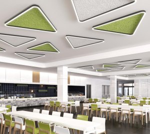 Triangle LED Ceiling Light with Acoustic Panels for Noise Reduction in Commercial Spaces