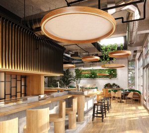 Ring Pendant Light with Sound Absorbing Acoustic Panels for Open Plan Offices and Hospitality Spaces