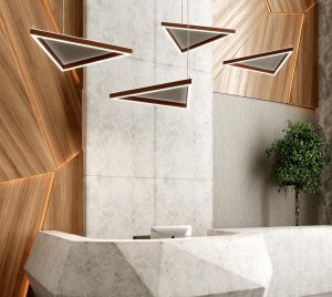 Slim Profile Architectural Triangle LED Pendant Light with Acoustic Panel for Echo and Reverberation Control