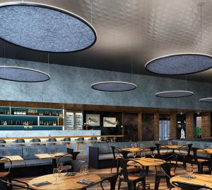 Suspended Acoustic Lighting Fixture with Indirect Beam Distribution for Open-Plan Offices and Hospitality Venues