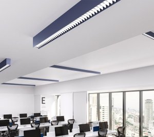 High-CRI Linear LED Ceiling Light with Curved Louver System for Glare Reduction