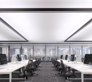 Louvered Suspended Continuous Linear LED Lighting System with Integrated Emergency and Smart Controls