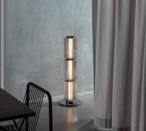 Elegant Column Floor Lamp with Stacked Mould-Blown Glass Cylinders and Polished Stainless Steel Base for Luxury Interiors