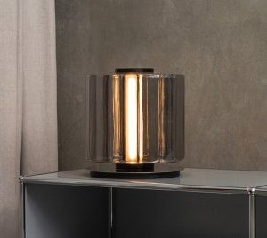 Elegant Modular Column Table Lamp with Vertically Stacked Glass Cylinders and Polished Stainless Steel Base