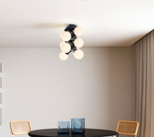 Modern Flush Mount Ceiling Light with Bold Arcs and Opal Glass Globes for Contemporary Interiors