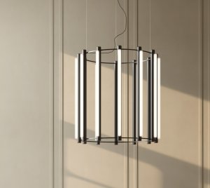 Luxury Modern Chandelier with Cylindrical Linear LED Sections and Concentric Hoop Barrel Design