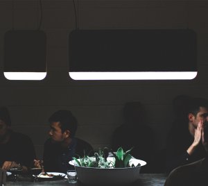 Acoustic LED Pendant Light with Slim Profile, Merino Wool Panels, and Sound Absorption for Open Office Interiors