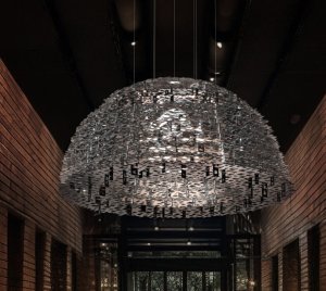 Large Decorative Chandelier Inspired by Fantasy Floating Cities with Multilevel Aluminum Geometry