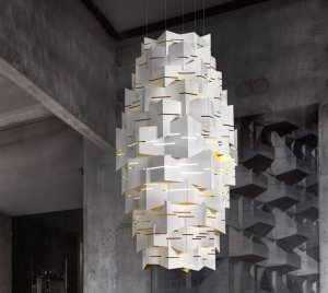 Oversized Vertical Chandelier Featuring Interlocking Metal Panels with Gloss White and Gold Finishes for Modern Luxury Interiors