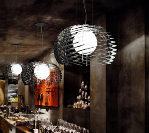 Modern Spiral Chandelier with Curved Metal Bands and Central LED Globe for Dynamic Interior Lighting