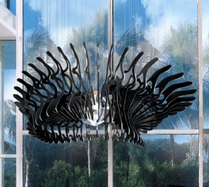Contemporary Statement Chandelier with Repeated Powder-Coated Metal Blades and Radiant LED Glass Spheres for Elegant Spaces