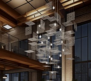 Contemporary Artistic Pendant Fixture with Escher-Style Aluminum Squares and Radiant LED Illumination for Visual Drama