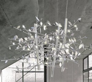 Luxury Tree Chandelier with Floating Branches, Polished Metal Foliage, and Hidden Bi-Pin LED Sparkle Lighting