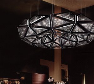 Luxury Cosmic-Inspired Chandelier with Faceted Acrylic Diamonds, Glossy Black Aluminum Panels, and Twinkling LED Lights