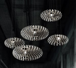 Luxury Silver Ovoid Pendant Light with Reflective Metal Bands and Central LED Sphere for Modern Interiors
