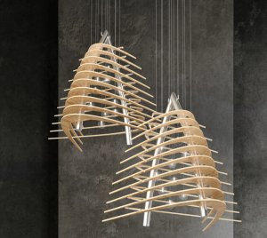 Artistic Dome Pendant Light with Plywood Blades and Solid Glass Spheres for Modern Interiors