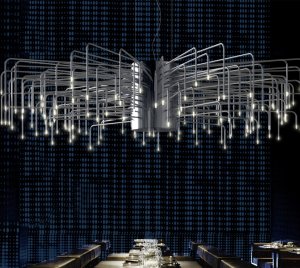 Futuristic Designer Chandelier Light with Symmetrical Metal Arm Construction and Star-Like LED Glow