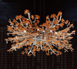 Artistic Luxury Chandelier Light with Amber Acrylic Leaves, Sparkling Crystal Highlights, and Illuminated LED Core