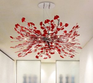 Designer Chandelier with Timeless Ginkgo Leaf Form in Glossy Red Acrylic and Illuminated LED Light
