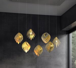 Soho-Inspired Pendant Lights with Diamond Heart and Seashell Shapes and Reflective Aluminum Surfaces