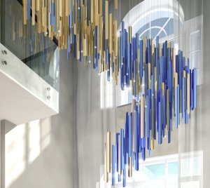 Luxury Statement Chandelier with Anodized Aluminum and Digitally Printed Panels Suspended from ACM Ceiling Plate