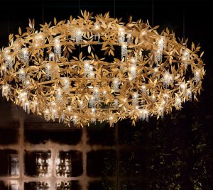 Luxury Enchanted Forest Chandelier Light with Gold Leaves and Sparkling Crystal Accents