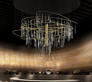 Luxury Decorative Chandelier Light with Brass Accents and Swirling Acrylic for Hotel Lobbies and Reception Areas