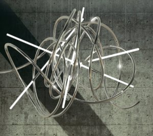 Sculptural Chandelier Light with Rolled Metal Tubes and Floating Opal Acrylic Elements