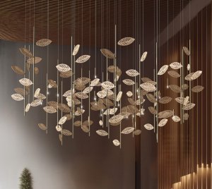 Sculptural Chandelier Light with Natural Plywood Leaves, Organic Metal Stems and Warm Ambient LED Glow