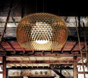 Exotic Thai-Inspired Chandelier with Ambient LED Sphere and Reflective Aluminum Diamonds