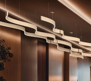 Contemporary Slim Pendant Light with Aluminum Frame and Curved Wood-Look Aluminum Cladding