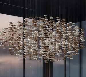 Luxury Chandelier Light with Silver and Bronze Metalized Glass Pebbles Suspended on Stainless Steel Cables