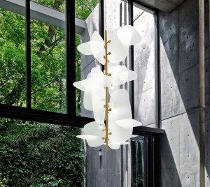 Artistic Statement Chandelier Light with Acrylic Intersections and Brass Accents for Modern Architecture