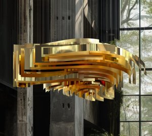 Sculptural Chandelier Light with Rolled Anodized Aluminum Sheets and Sparkling Refraction