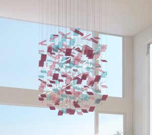 Abstract Chandelier Light with Floating Acrylic Strands and Mirror ACM Ceiling Plate Design