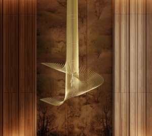 Dramatic High Ceiling Chandelier Light with Flowing Golden Curves, LED Twinkle, and Musical Note Inspired Form