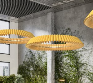 Modern Pendant Light with Radial Arrangement of Digitally Printed Aluminum Shades and Downward Light Wash